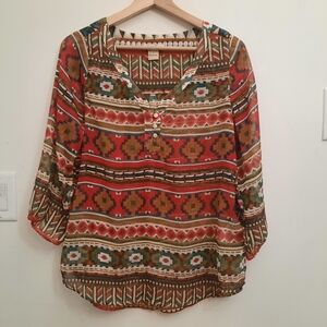 LUCKY BRAND Southwestern 3/4 Sleeve Blouse Button Top